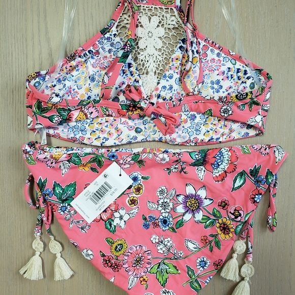 Vera Bradley Hi Neck Coral Reversible Floral Matching Bikini Set Tassels Crochet - Picture 7 of 13